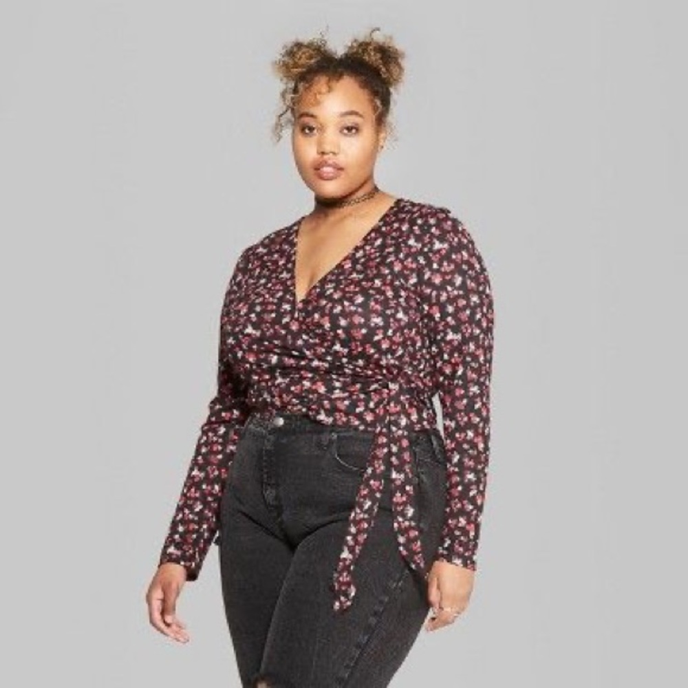 Floral Print Long Sleeve Wrap V-Neck Blouses
